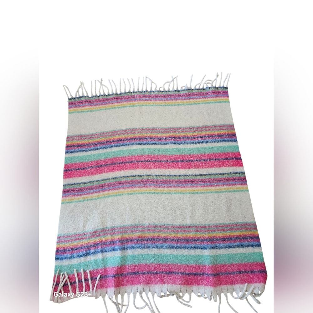 Free People Colorful Striped Blanket with Fringe 59 × 53